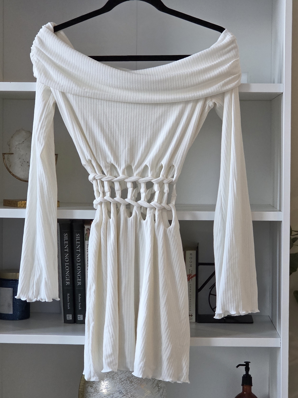 Off-Shoulder White Knit Dress with Macramé Waist
